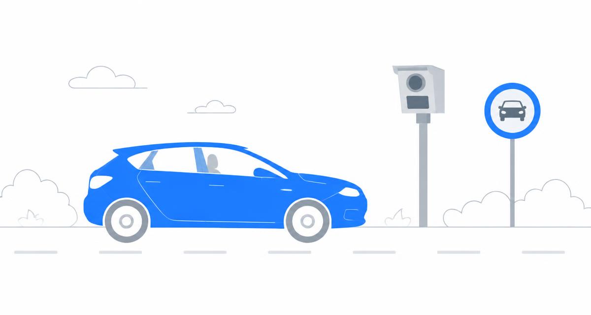 Illustratie bij Gevaarlijk rijgedrag (art. 5 WVW): een auto op de weg met een flitspaal en een verkeersbord